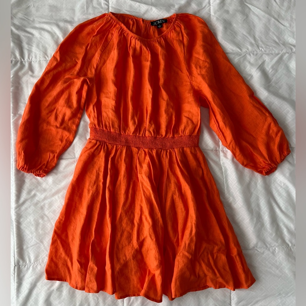 J. Crew Palermo 100% Linen Smocked Waist Mini Dress Orange Sz S Pockets Summer